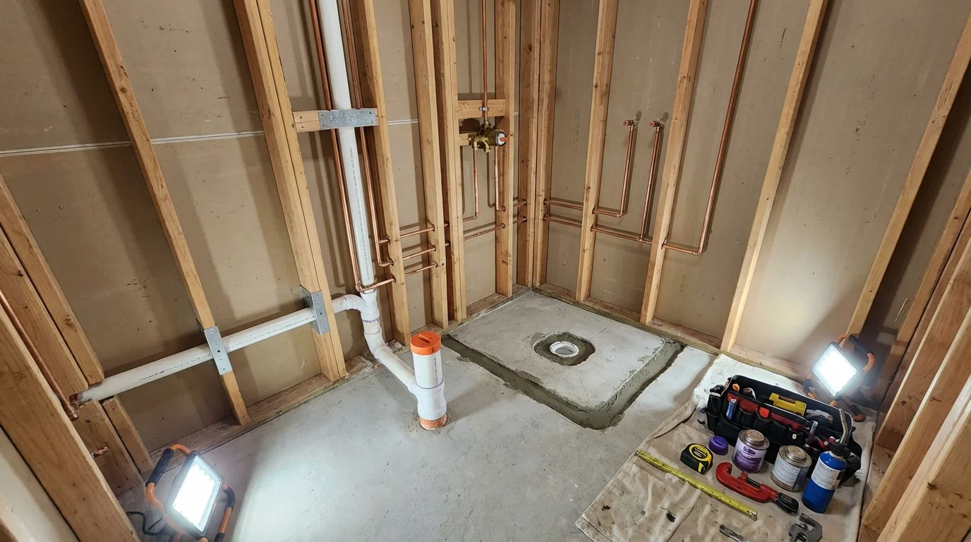 Bathroom rough-in plumbing during remodel by Johns Plumbing LLC in Benjamin