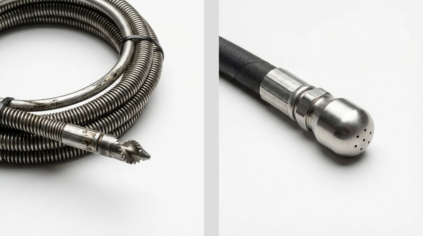 Drain snake cable and hydro jetting nozzle used for drain cleaning in Benjamin, TX