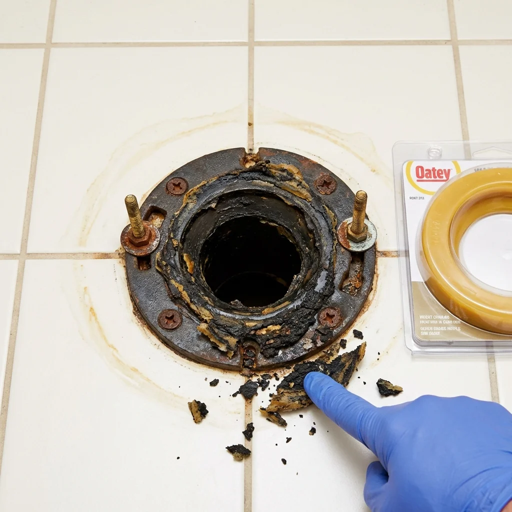 Failed wax ring showing water seepage at the base of a toilet in a Benjamin, TX home