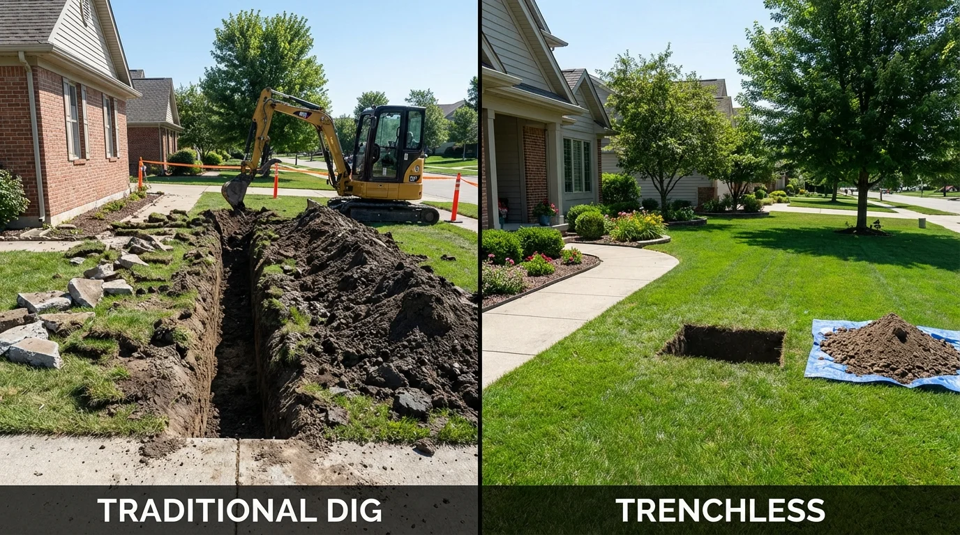 Trenchless sewer repair with minimal yard damage versus traditional excavation in Benjamin, TX
